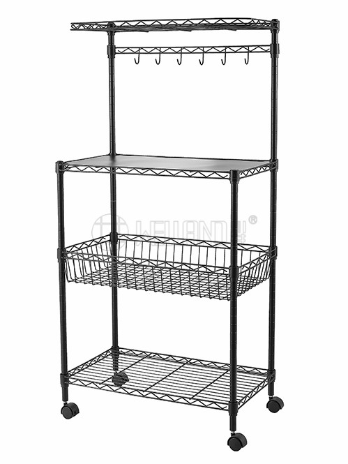 家用廚房微波爐烤箱落地置物架_可移動(dòng)烘焙調(diào)味罐食品物品收納架_烤漆黑儲(chǔ)物籃子架-川井